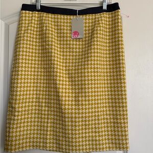 Boden Yellow and White Houndstooth Pencil Skirt with Black Waistband